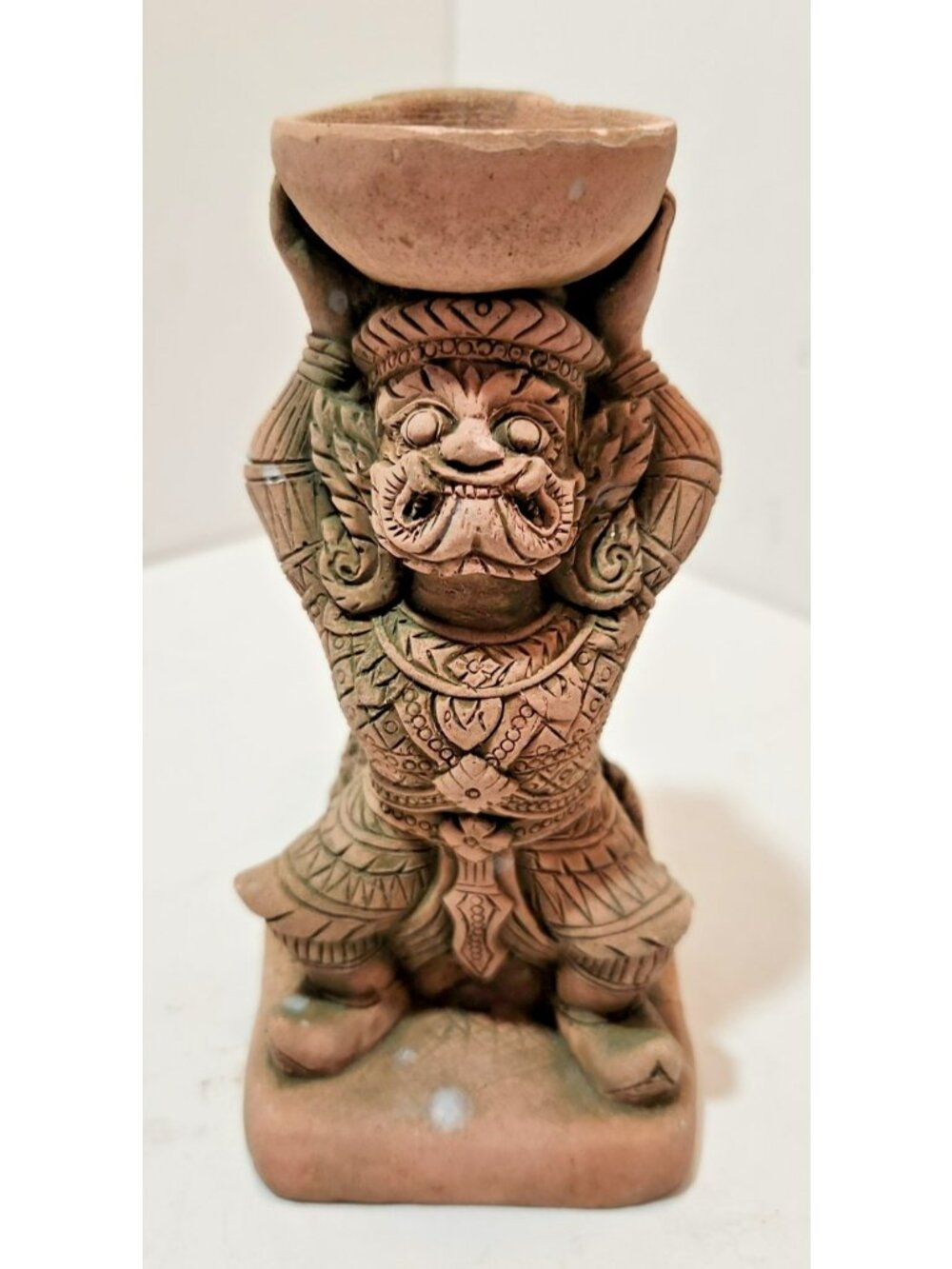 Vintage Mayan Clay Sandstone Idol Sculpture w/ Offering Bowl 6.25" Tall